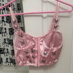 Pink Butterfly Embellished Satin Crop Top